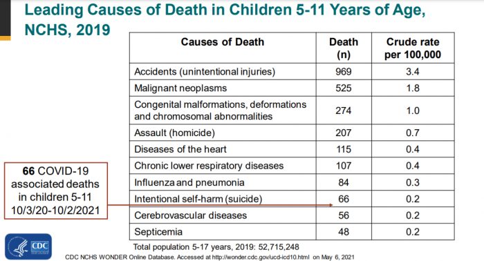 Leading Causes of Death in Children 5-11 Years of Age, NCHS, 2019